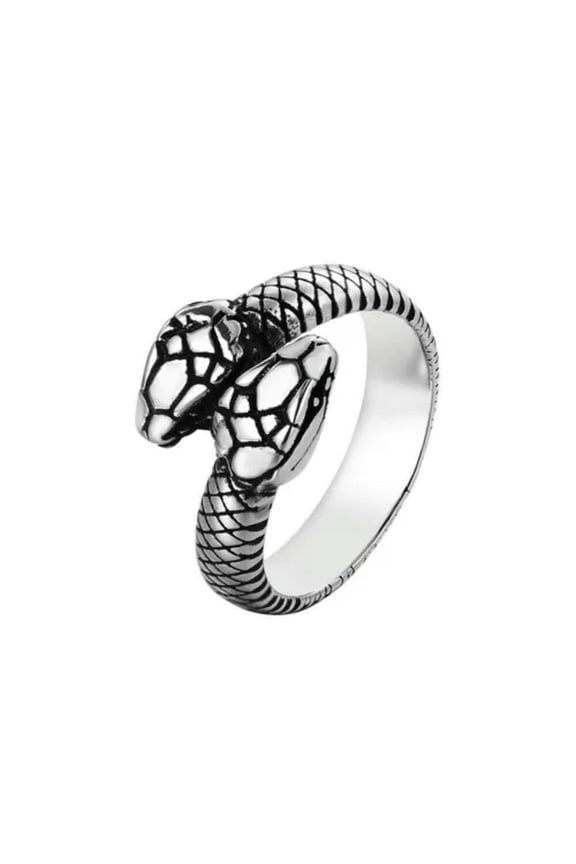 Men Women Double Snake Head Loop Animal Statement Stainless Steel Ring Size 6-12