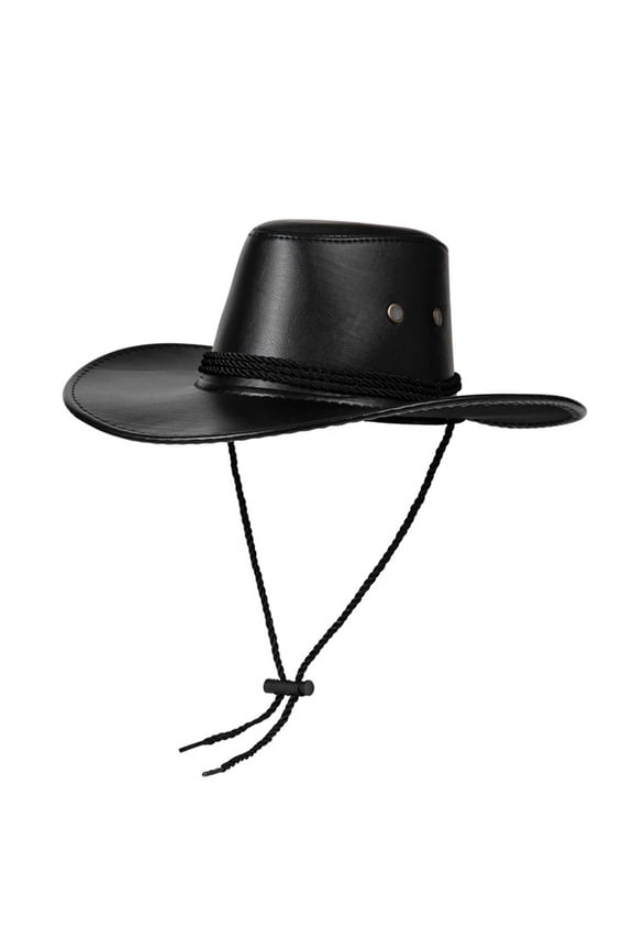Men Women Faux Leather Cowboy Hat with Braided Band, Adjustable Strap Western Hat