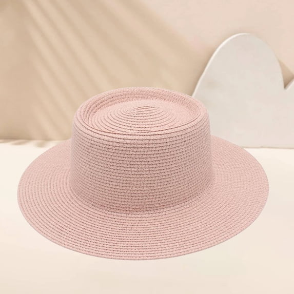 Men Women Flat‑Top Boater Straw Hat, Wide Flat Brim Woven Sun Hat, Summer UV‑Protection Cap for Beach Holiday Travel Camping Daily Outings