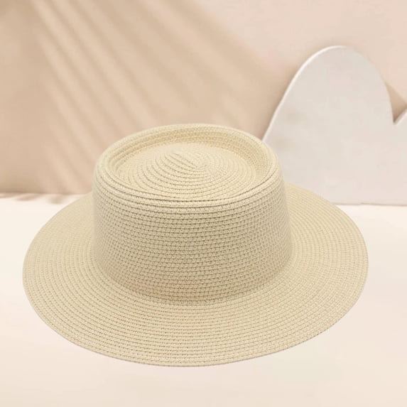 Men Women Flat‑Top Boater Straw Hat, Wide Flat Brim Woven Sun Hat, Summer UV‑Protection Cap for Beach Holiday Travel Camping Daily Outings
