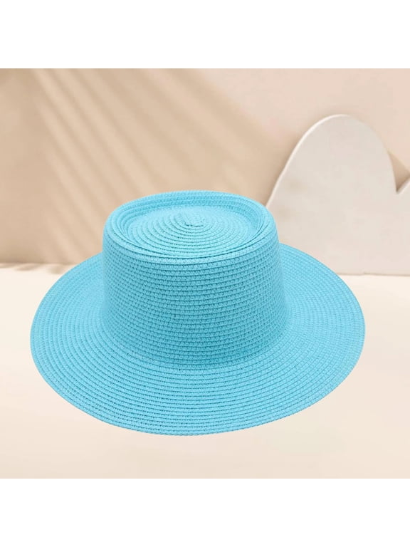 Men Women Flat‑Top Boater Straw Hat, Wide Flat Brim Woven Sun Hat, Summer UV‑Protection Cap for Beach Holiday Travel Camping Daily Outings