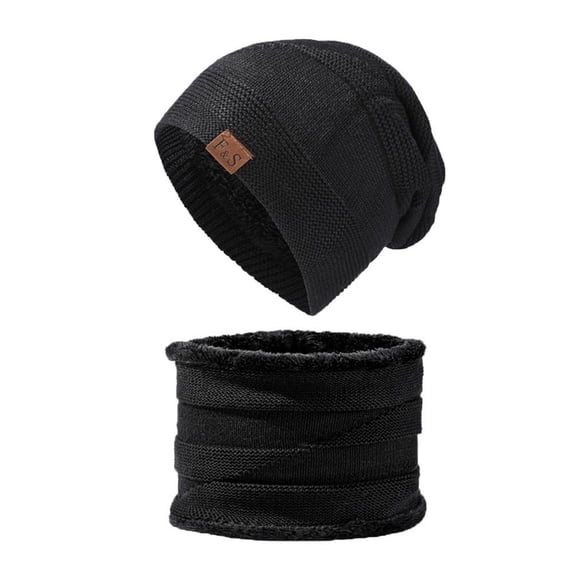 Men Women Fleece Thermal Warm Knitted Hat Balaclava Beanie Hat Scarf Neck Scarf Cap BLACK