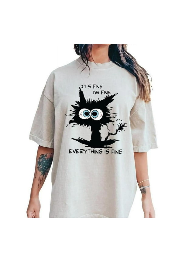 Men & Women Funny Black Cat Meme Print T Shirts 'It's Fine I'm Fine' Sarcastic Graphic Tees Casual Pattern Tops,S-5XL