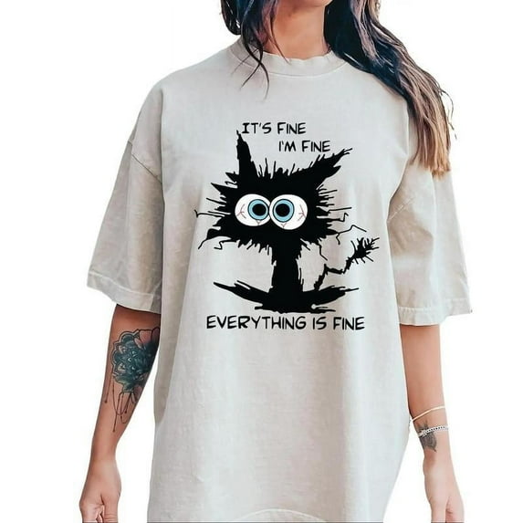 Funny Black Cat Meme T-Shirts - 'It's Fine I'm Fine' Sarcastic Graphic Tees for Men & Women Pattern Tops