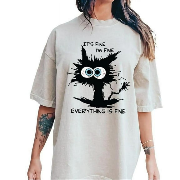 Funny Black Cat Meme T-Shirts - 'It's Fine I'm Fine' Sarcastic Graphic Tees for Men & Women Pattern Tops