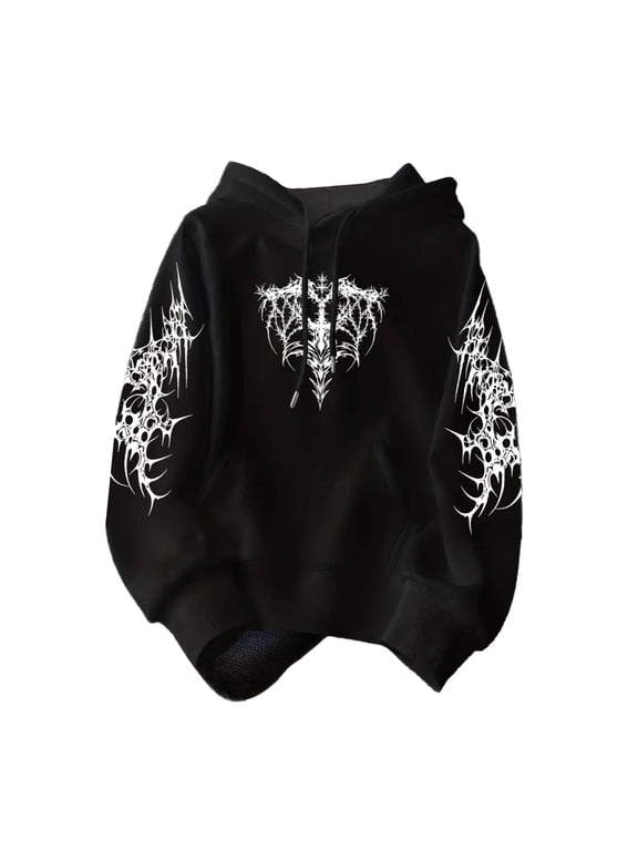 Men Women Gothic Hoodie Y2K Aesthetic Graphic Oversized Pullover Hooded Sweatshirt Hip Hop Grunge Alt Streetwear