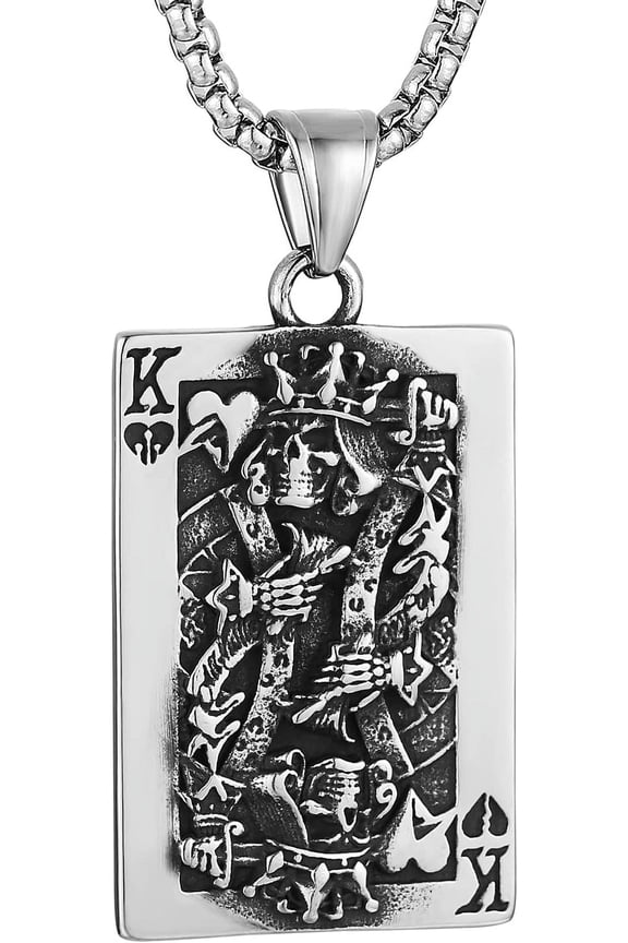 Men Women Gothic Retro Skull Playing Card Stainless Steel Pendant Necklace 22+2 Inch Chain