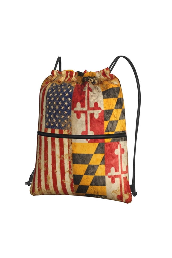 Men Women Grunge America Maryland Flag Sport Gym Water Resistant Sackpack Drawstring Backpack Bag