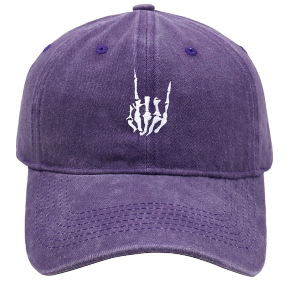 Men Women Halloween Skeleton Embroidery Baseball Cap, Gothic Washed Distressed Dad Hat with Ponytail Hole, Low Profile Curved Brim Sun Hat, Outdoor Running Halloween Costume Masquerade Cap Purple