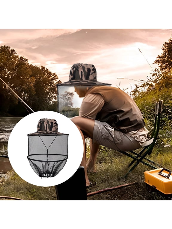Men Women Head Mesh Sun Hat Gnat Fly Protective Face Netting Cap Boonie for All Outdoor Activities 37 cm