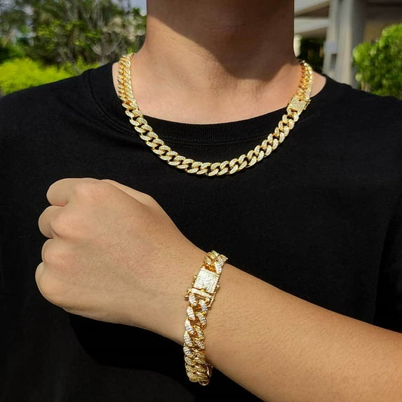 Men Women Hip Hop 13mm Crystal Cuban Chain HipHop Iced Out Bling Necklaces Fashion Charm Jewelry Bracelet&Necklace Set