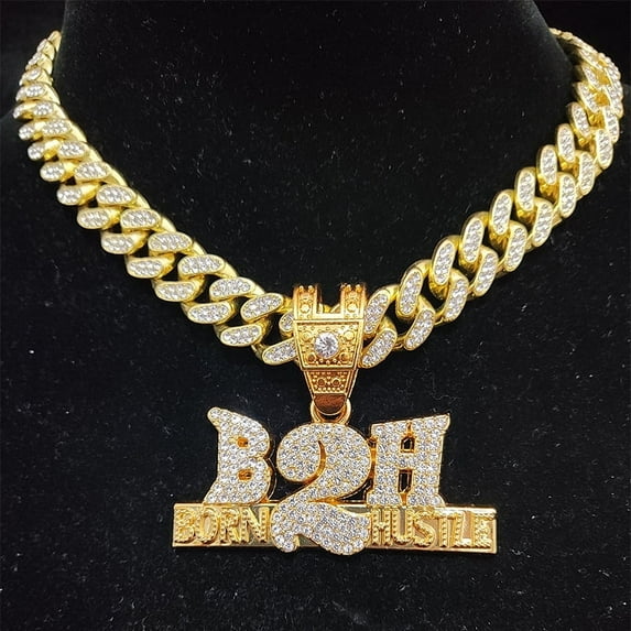 Men Women Hip Hop Born To Hustle Pendant Necklace with 13mm Crystal Cuban Chain HipHop B2H Necklaces Letter Charm Jewelry Gifts