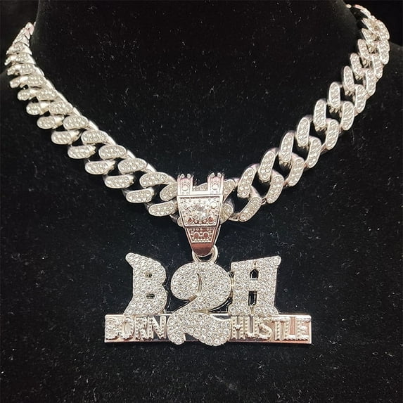 Men Women Hip Hop Born To Hustle Pendant Necklace with 13mm Crystal Cuban Chain HipHop B2H Necklaces Letter Charm Jewelry Gifts