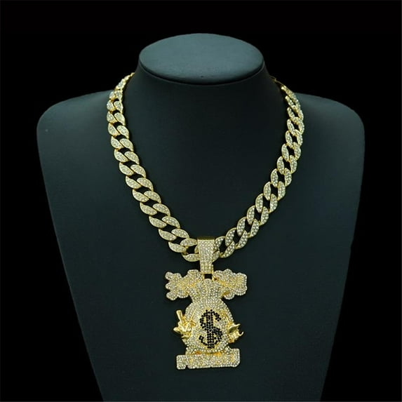 Men Women Hip Hop Cartoon Money Bag Pendant Necklace with 15mm Crystal Cuban Chain HipHop Iced Out Bling Necklaces Fashion Charm Jewelry