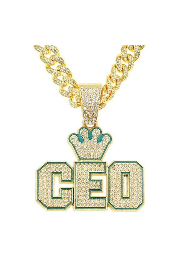 Men Women Hip Hop Crown Letter CEO Pendant Necklace With Crystal Cuban Chain HipHop Iced Out Bling Necklaces Fashion Charm Jewelry
