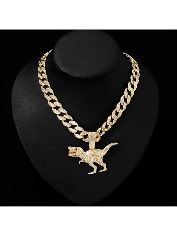 Men Women Hip Hop Dinosaur Pattern Pendant Necklace with 15mm Cuban Chain HipHop Iced Out Bling Necklaces Fashion Charm Jewelry