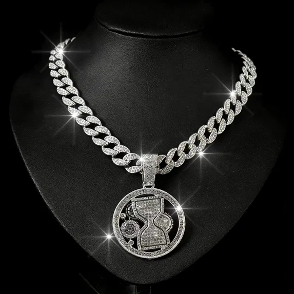 Men Women Hip Hop Hourglass Pendant Necklace 15mm Crystal Cuban Chain Iced Out Bling Necklaces Fashion Charm Jewelry