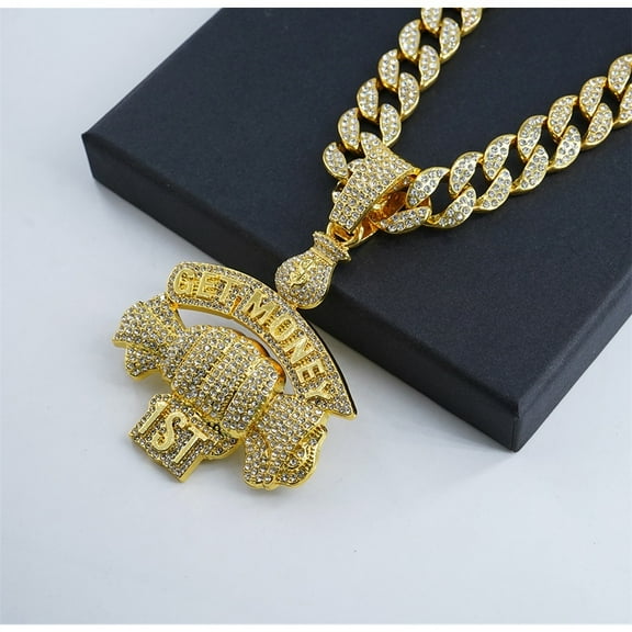 Men Women Hip Hop Letter Get Money Pendant Necklace 15mm Crystal Cuban Chain HipHop Iced Out Bling Necklaces Fashion Charm Jewelry