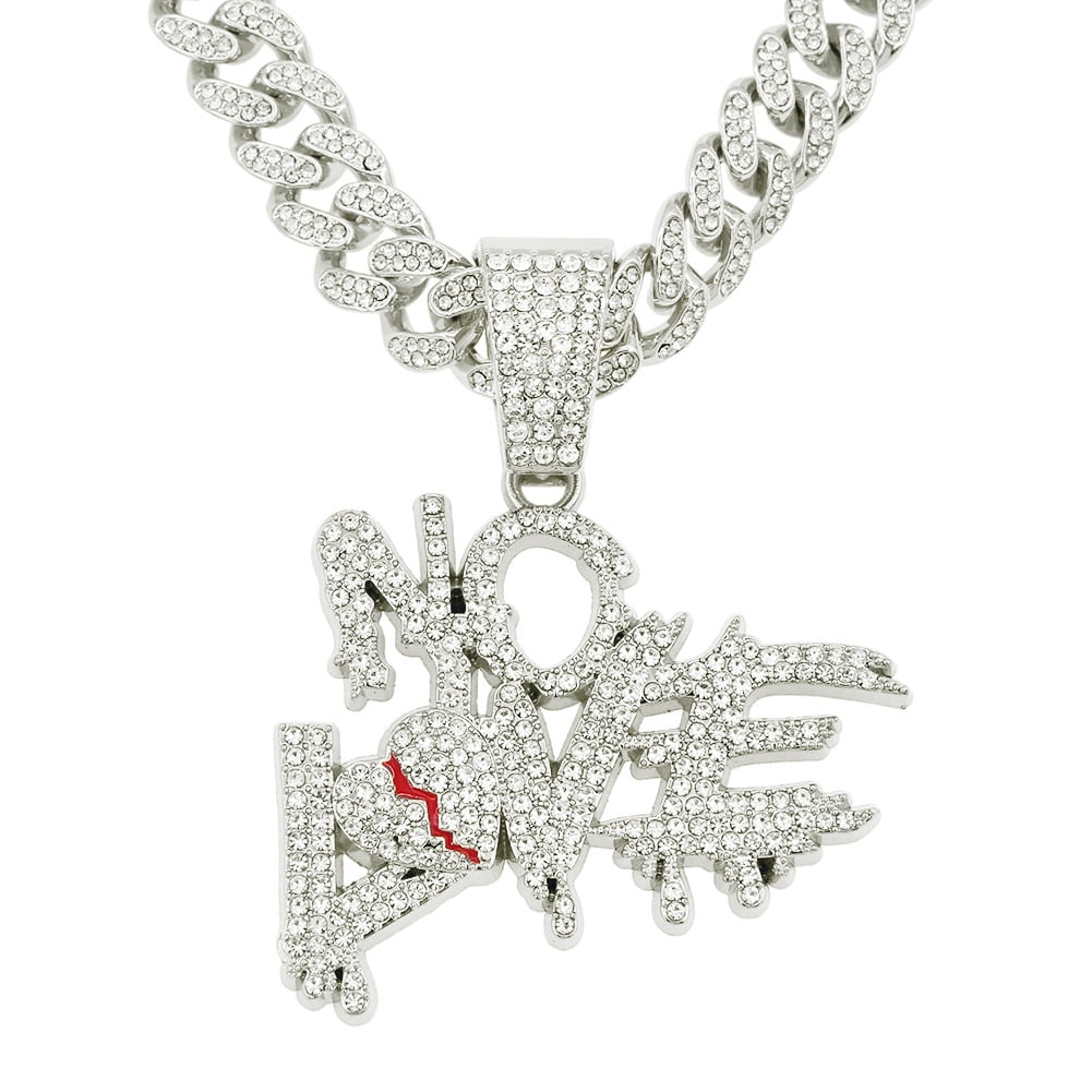 No Love Rapper Chain Men Women Hip Hop NO LOVE Pendant Necklace 13mm Crystal Cuban Chain ...