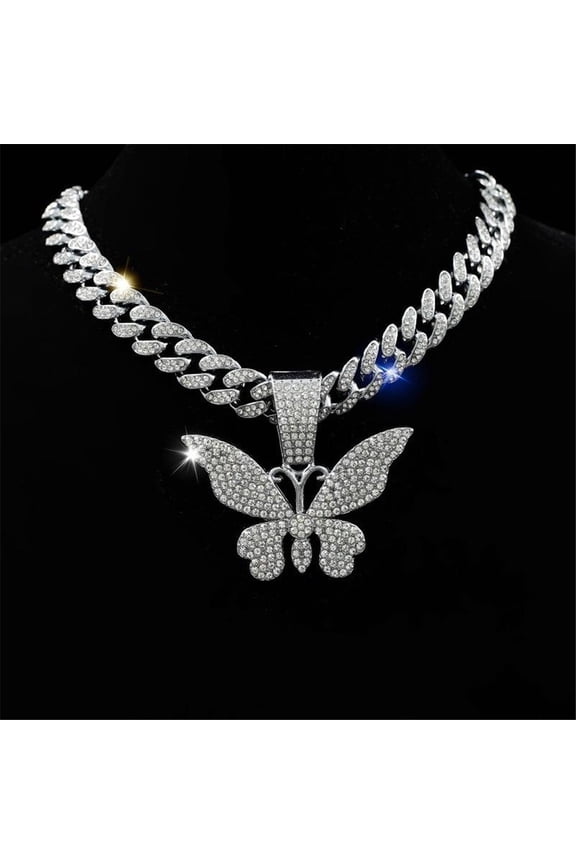 Men Women Hip Hop New Butterfly Pendant Necklace 15mm Crystal Cuban Chain HipHop Iced Out Bling Necklaces Fashion Charm Jewelry