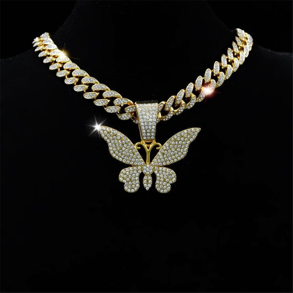 Men Women Hip Hop New Butterfly Pendant Necklace 15mm Crystal Cuban Chain HipHop Iced Out Bling Necklaces Fashion Charm Jewelry