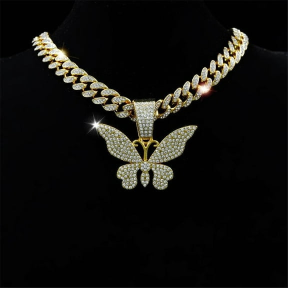 Men Women Hip Hop New Butterfly Pendant Necklace 15mm Crystal Cuban Chain HipHop Iced Out Bling Necklaces Fashion Charm Jewelry