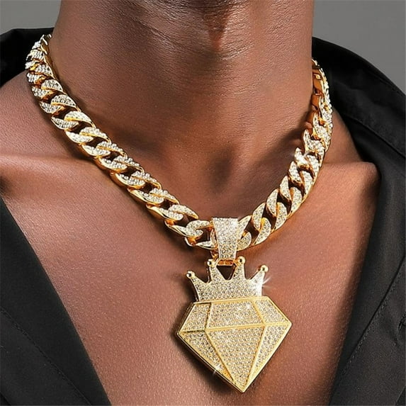 Men Women Hip Hop New Fashionable and Personalized Crown Pendant Necklace 15mm Crystal Cuban Chain HipHop Iced Out Bling Necklaces Fashion Charm Jewelry