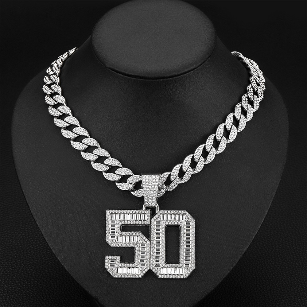 Men Women Hip Hop Number 50 Pendant Necklace With 15mm Crystal Cuban Chain HipHop Iced Out Bling Necklaces Fashion Charm Jewelry