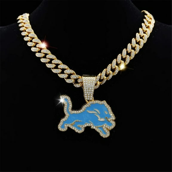Men Women Hip Hop Personalized Trend Blue Lions Football Team Pendant Necklace 15mm Crystal Cuban Chain HipHop Iced Out Bling Necklaces Fashion Charm Jewelry