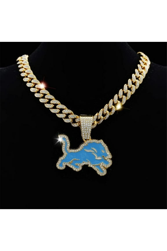 Men Women Hip Hop Personalized Trend Blue Lions Football Team Pendant Necklace 15mm Crystal Cuban Chain HipHop Iced Out Bling Necklaces Fashion Charm Jewelry