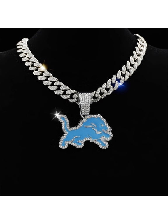 Men Women Hip Hop Personalized Trend Blue Lions Football Team Pendant Necklace 15mm Crystal Cuban Chain HipHop Iced Out Bling Necklaces Fashion Charm Jewelry