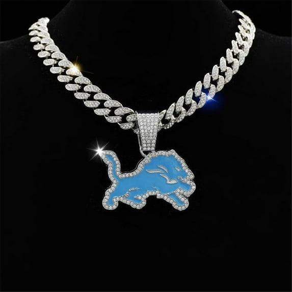 Men Women Hip Hop Personalized Trend Blue Lions Football Team Pendant Necklace 15mm Crystal Cuban Chain HipHop Iced Out Bling Necklaces Fashion Charm Jewelry