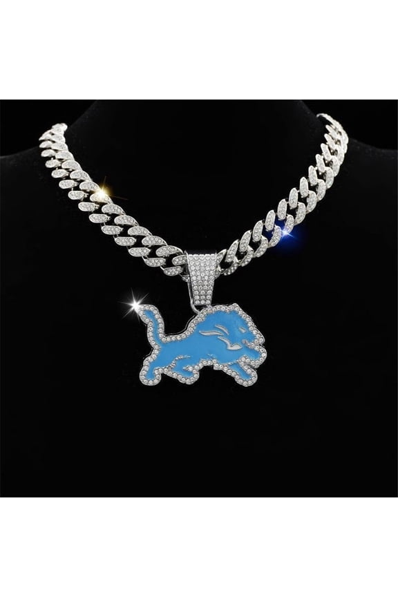 Men Women Hip Hop Personalized Trend Blue Lions Football Team Pendant Necklace 15mm Crystal Cuban Chain HipHop Iced Out Bling Necklaces Fashion Charm Jewelry