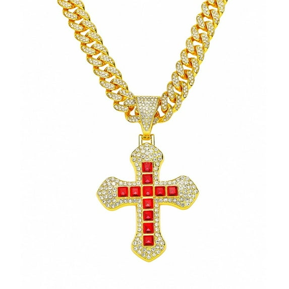 Men Women Hip Hop Red Square Diamond Double Layered Cross Pendant Necklace Crystal Cuban Chain HipHop Iced Out Bling Necklaces Fashion Charm Jewelry