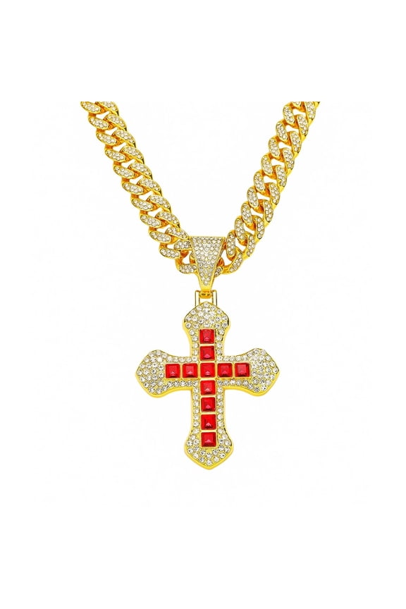 Men Women Hip Hop Red Square Diamond Double Layered Cross Pendant Necklace Crystal Cuban Chain HipHop Iced Out Bling Necklaces Fashion Charm Jewelry