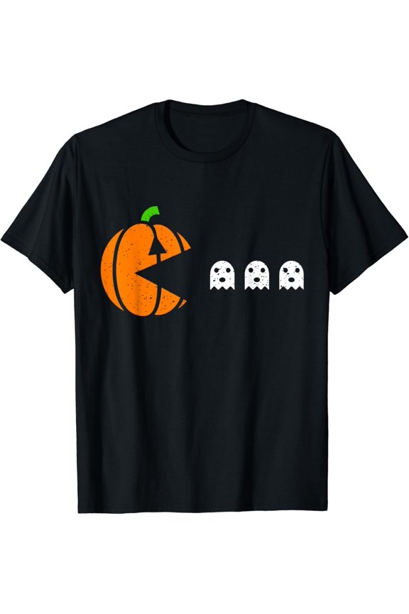 Men Women Holiday Pumpkin Eating Ghost Gamer Halloween T-Shirt, Size S-5XL