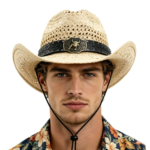 Men Women Hollow Knitted Cowboy Straw Hat Vintage Bull‑Embellished Belt Breathable Vacation Sun‑Shade Hat