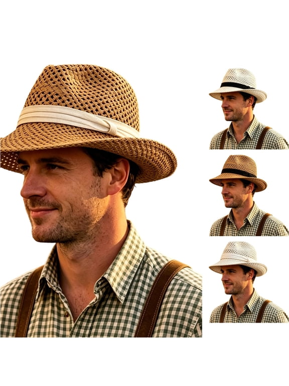 Men Women Hollow Straw Hat Classic Belt‑Decor Fedora Cap Lightweight Breathable Holiday Beach‑Party Head‑Accessory