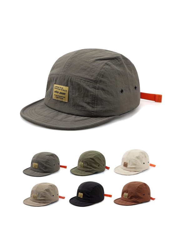 Men Women Japanese Streetwear 5 Panel Snapback Cap, Structured Flat Brim Hat with Breathable Tongue, Lightweight Quick Dry Casual Baseball Caps for Outdoor Daily Street Style Grey