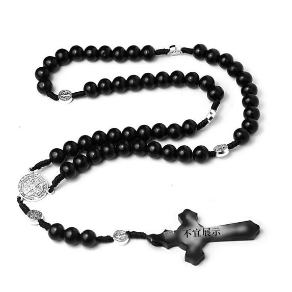 Men Women Jewelry Gift Religion Pendant Praying Jesus Christ Cross Necklace Rosary Necklace 10mm Wooden Necklace BLACK