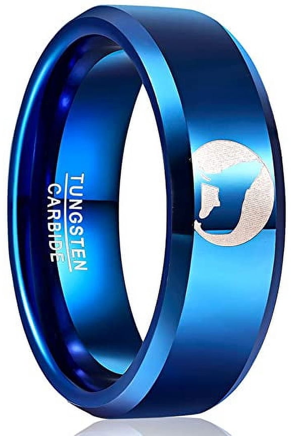 Men /Women Laser Wolf Pattern Tungsten Ring 8mm Blue Plated Wedding Band Beveled Edge Size 7-12