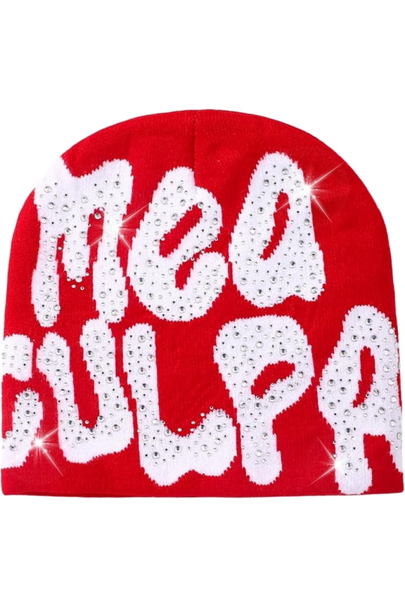 Men Women Letter Graphic Y2K Beanie Knitted Hats Bling Rhinestone Winter Warm Skull Cap Pullover Hat