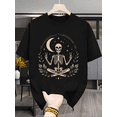thumbnail image 1 of Men Women Meditating Skeleton Peace Sign Graphic T-Shirt, Vintage Boho Crescent Moon Star Leaf Wreath Gothic Short Sleeve Tee, 1 of 10