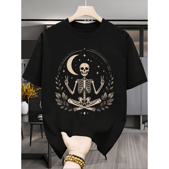 Men Women Meditating Skeleton Peace Sign Graphic T-Shirt, Vintage Boho Crescent Moon Star Leaf Wreath Gothic Short Sleeve Tee