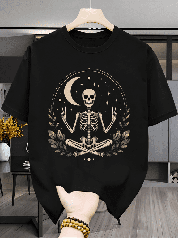 Men Women Meditating Skeleton Peace Sign Graphic T-Shirt, Vintage Boho Crescent Moon Star Leaf Wreath Gothic Short Sleeve Tee