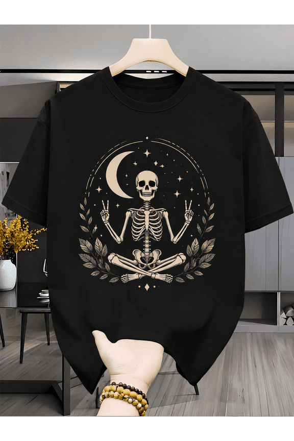 Men Women Meditating Skeleton Peace Sign Graphic T-Shirt, Vintage Boho Crescent Moon Star Leaf Wreath Gothic Short Sleeve Tee