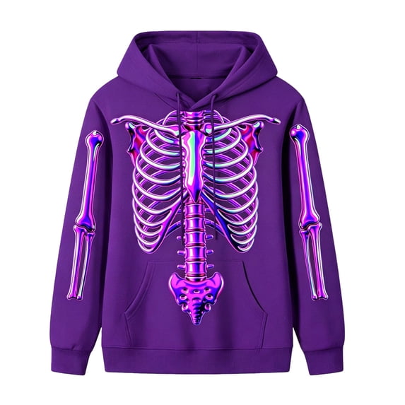 Men Women Neon 3D Full Skeleton Bones Print Hoodie, Drawstring Kangaroo Pocket Long Sleeve Pullover Sweatshirt Halloween Streetwear Casual Outerwear Tops(Dark Purple2,XXL)