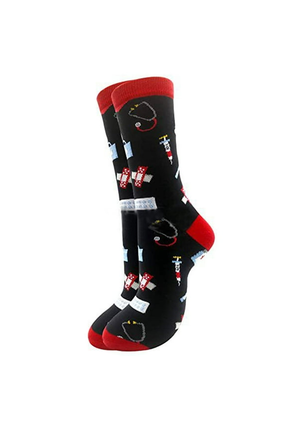 Men Women Novelty Cotton Crew Socks Doctor Nurse Funny for Pill Electrocardiogram Stethoscope Printed Mid Tube Hosiery Hospital Workers Gifts
