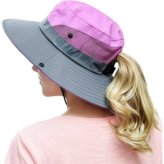 Men Women Outdoor Summer Sun Hat UV Protection Wide Brim Fold-able Fishing Hats with Ponytail Hole for Camping