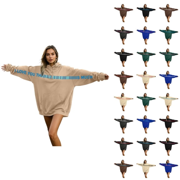Men Women Oversized Hoodies 2026 Fashion Long Sleeve Valentines I Love You This Much Sweatshirt with Pockets for Couples